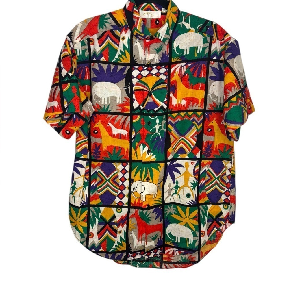 VTG Gottex Art to Wear Safari Animal Design Button Front Short Sleeve Shirt Med
